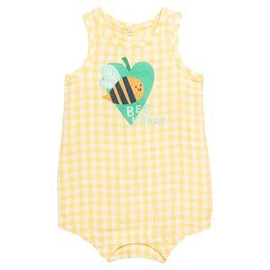 Old Navy Baby Romper Bee Happy Yellow Gingham Sleeveless Size 6-12M Cotton Blend